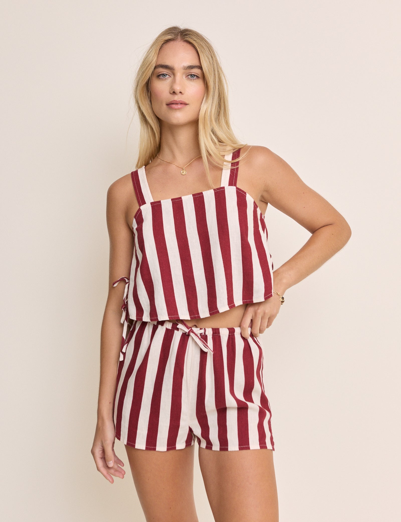 Burgundy Striped Sleeveless Linen-Blend Pillar Top