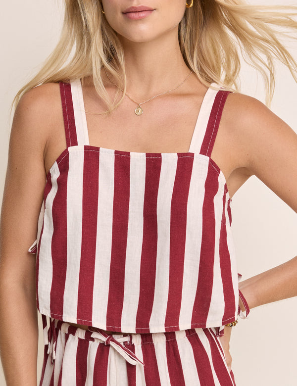 Burgundy Striped Sleeveless Linen-Blend Pillar Top