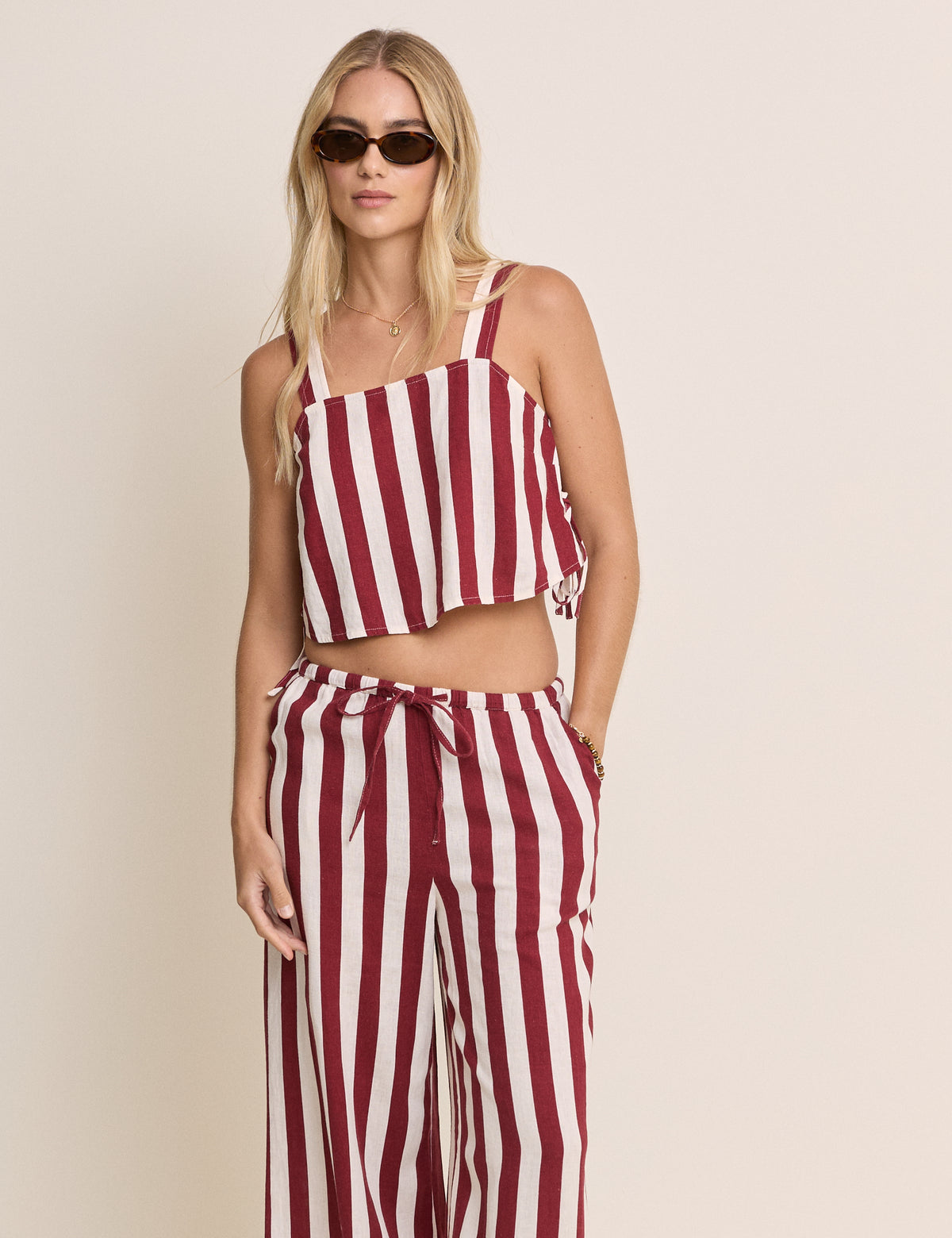 Burgundy Striped Sleeveless Linen-Blend Pillar Top