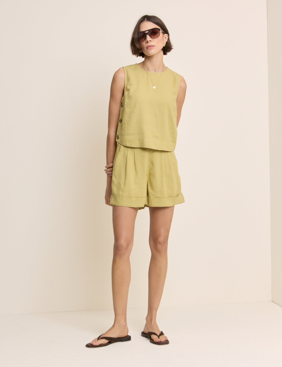 Green Linen-Blend Button Side Crop Top