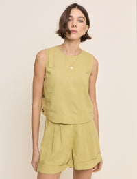 Green Linen-Blend Button Side Crop Top