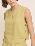Green Linen-Blend Button Side Crop Top