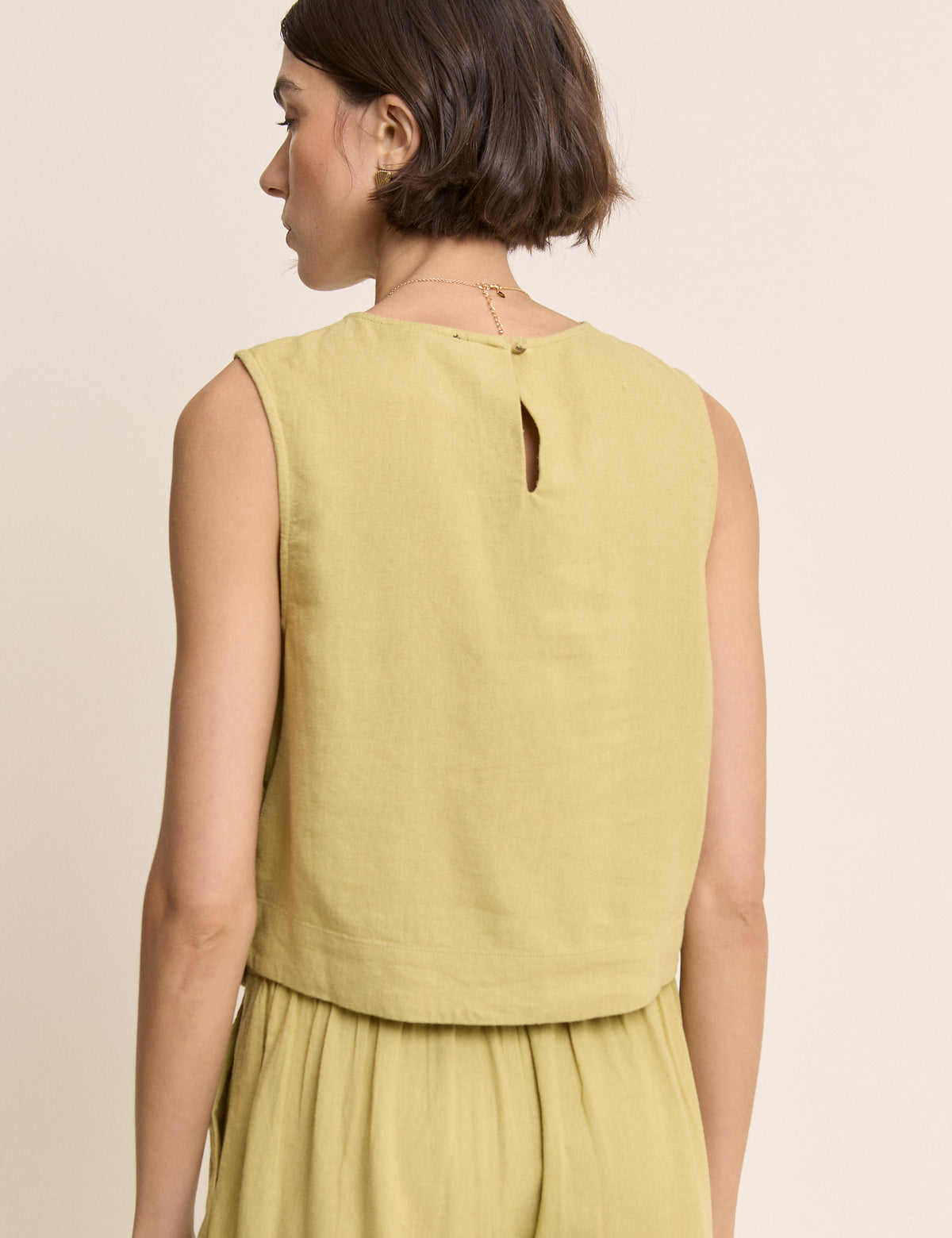Green Linen-Blend Button Side Crop Top