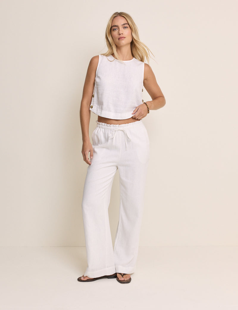 White Linen-Blend Button Side Crop Top