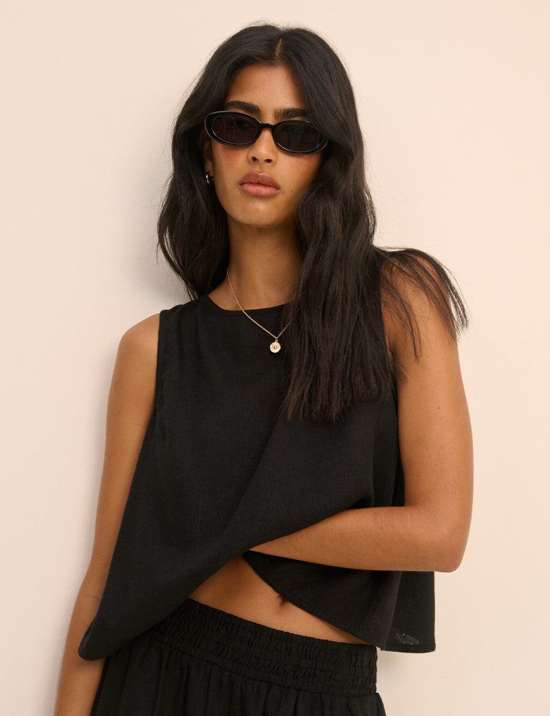 Black Wrap Detail Linen-Blend Tank Top