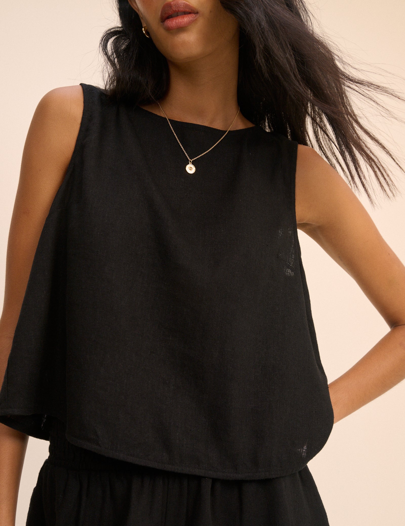 Black Wrap Detail Linen-Blend Tank Top