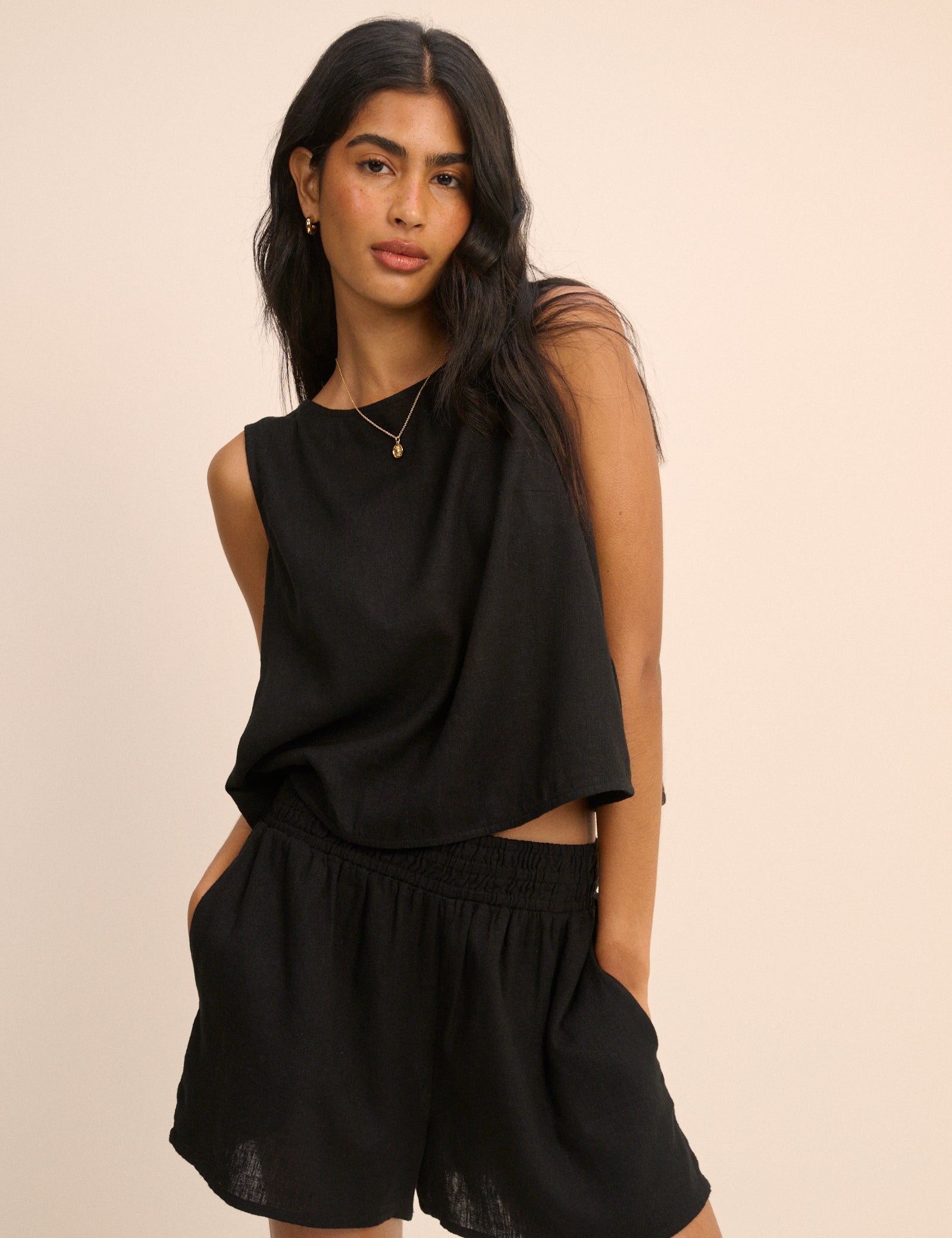 Black Wrap Detail Linen-Blend Tank Top