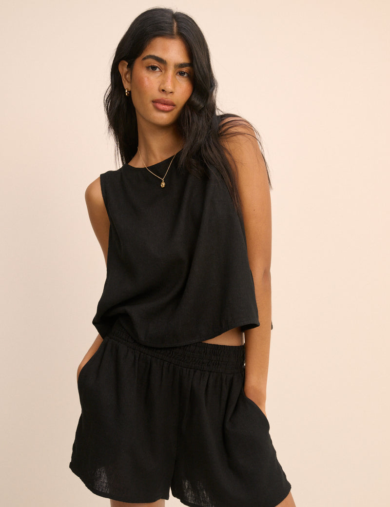 Black Wrap Detail Linen-Blend Tank Top