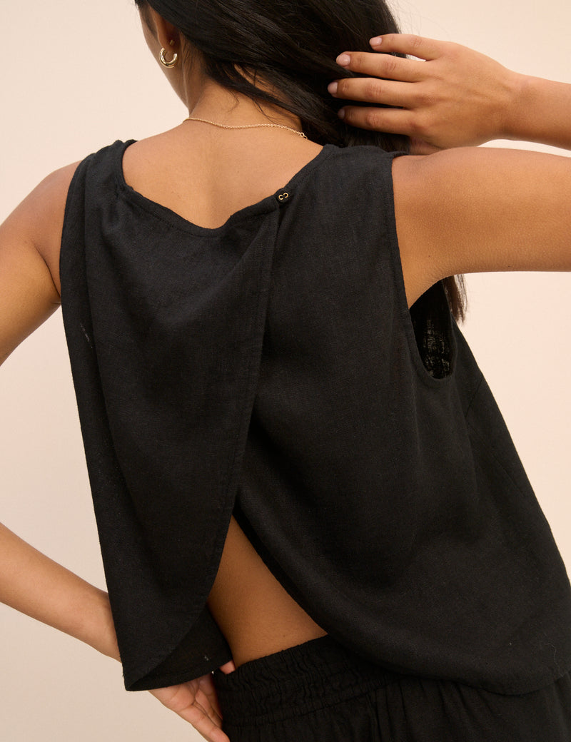 Black Wrap Detail Linen-Blend Tank Top