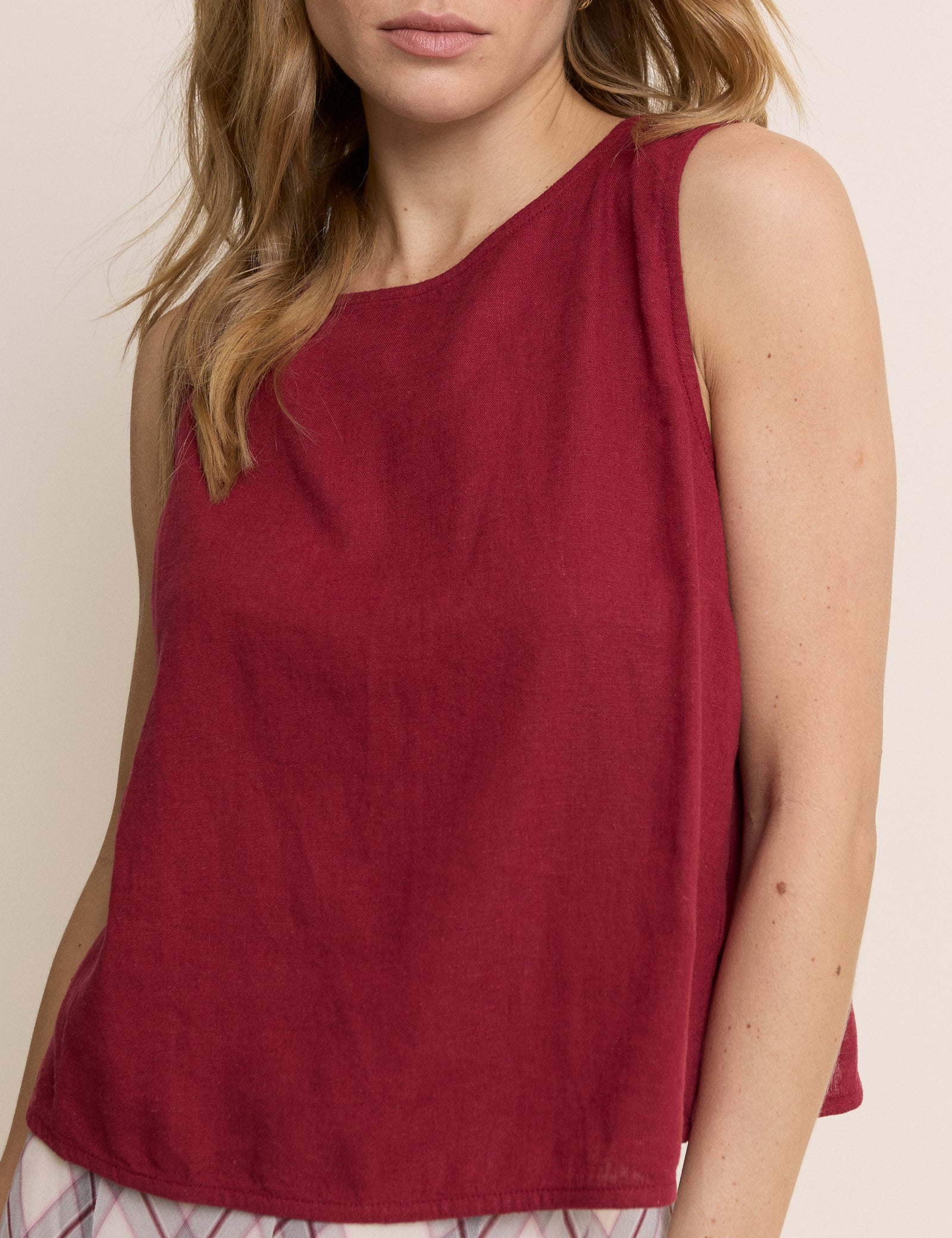 Red Linen-Blend Wrap Detail Tank Top