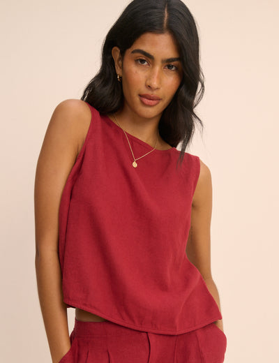 Red Linen-Blend Wrap Detail Tank Top