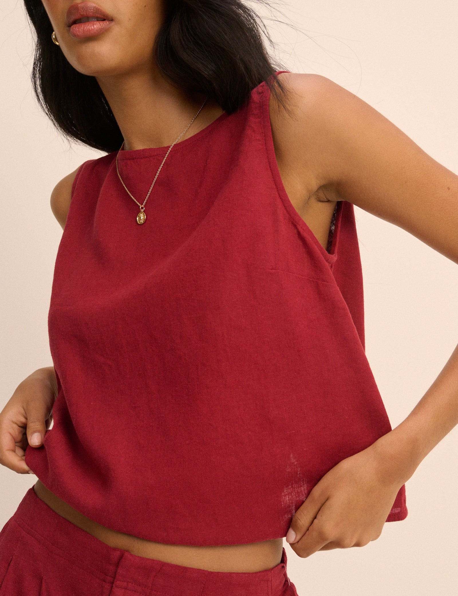 Red Linen-Blend Wrap Detail Tank Top