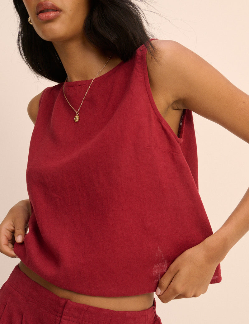 Red Linen-Blend Wrap Detail Tank Top