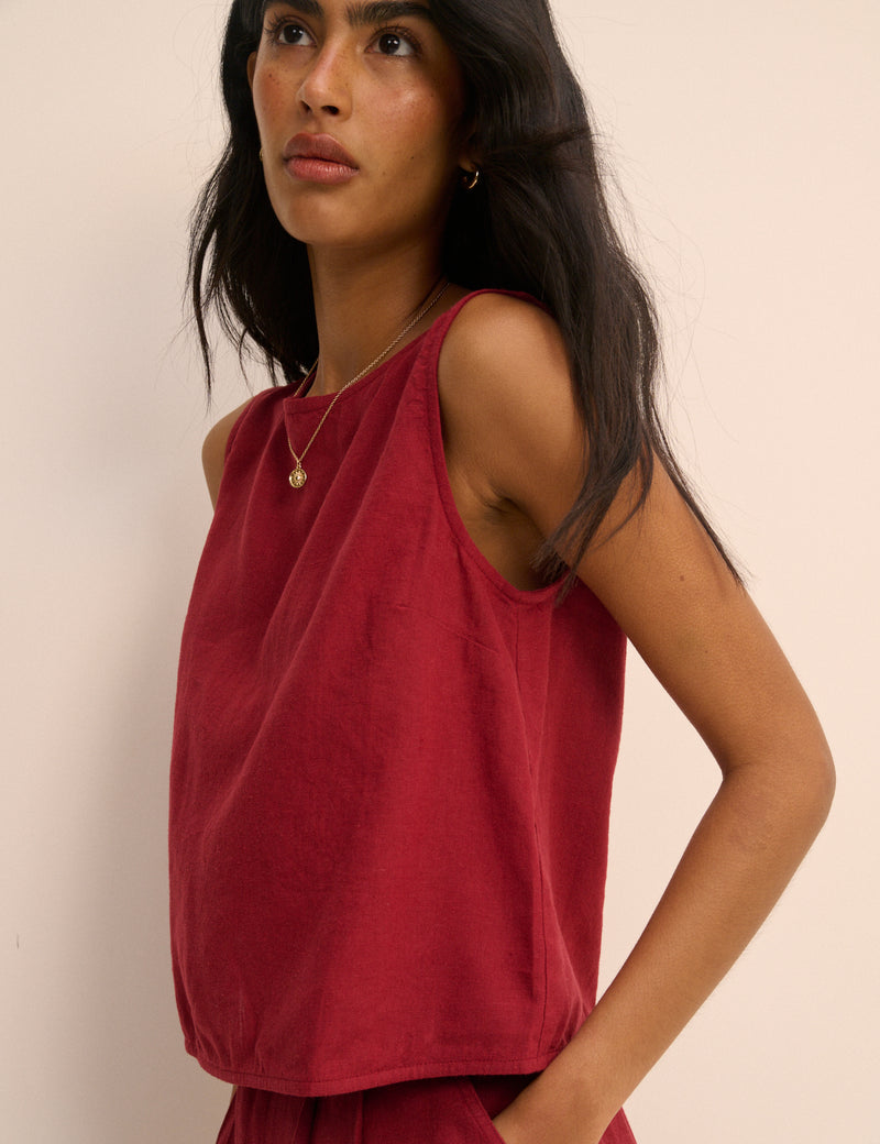 Red Linen-Blend Wrap Detail Tank Top