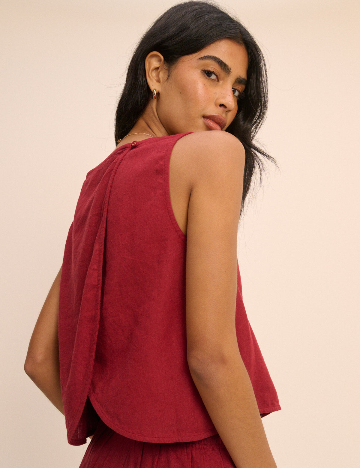 Red Linen-Blend Wrap Detail Tank Top