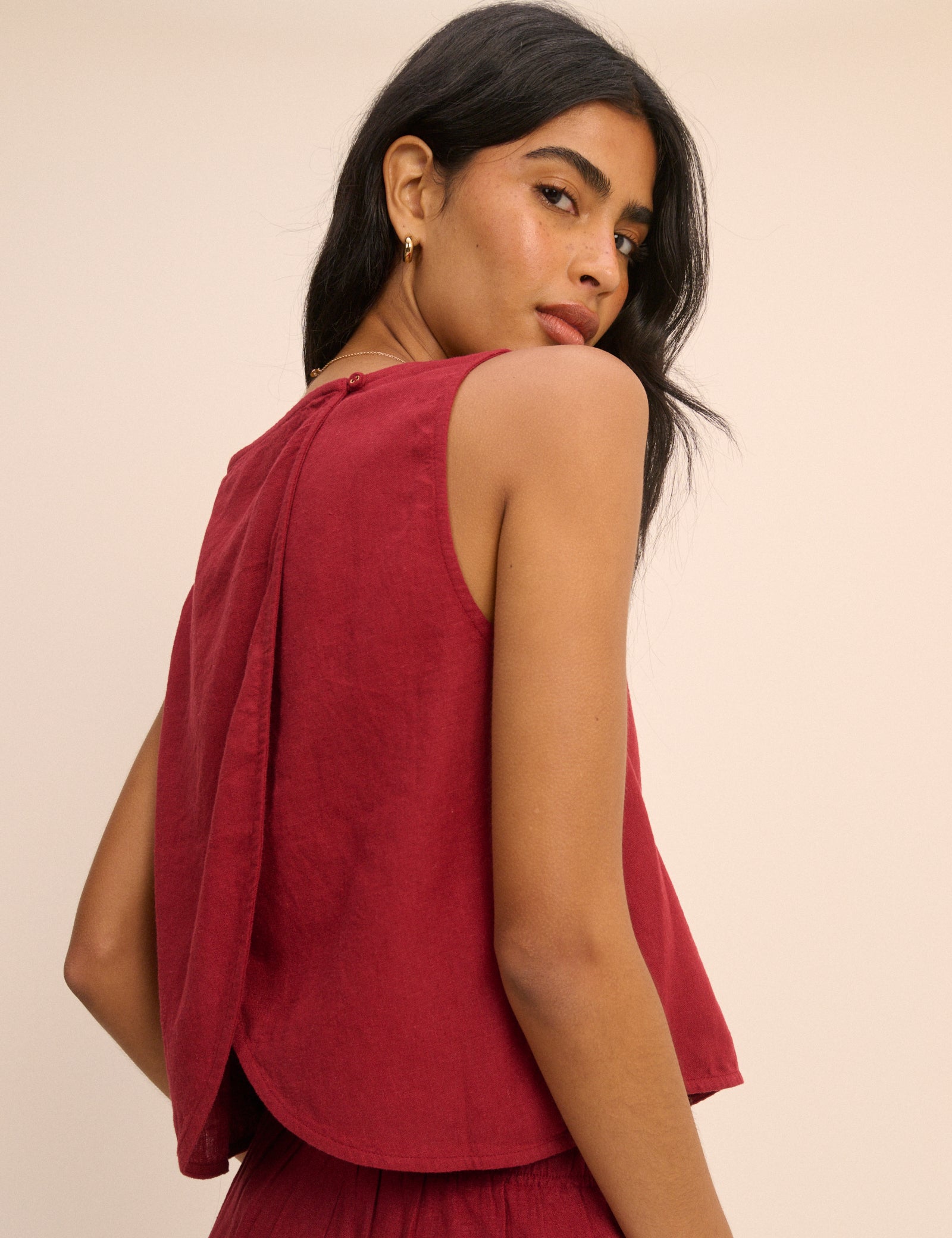 Red Linen-Blend Wrap Detail Tank Top