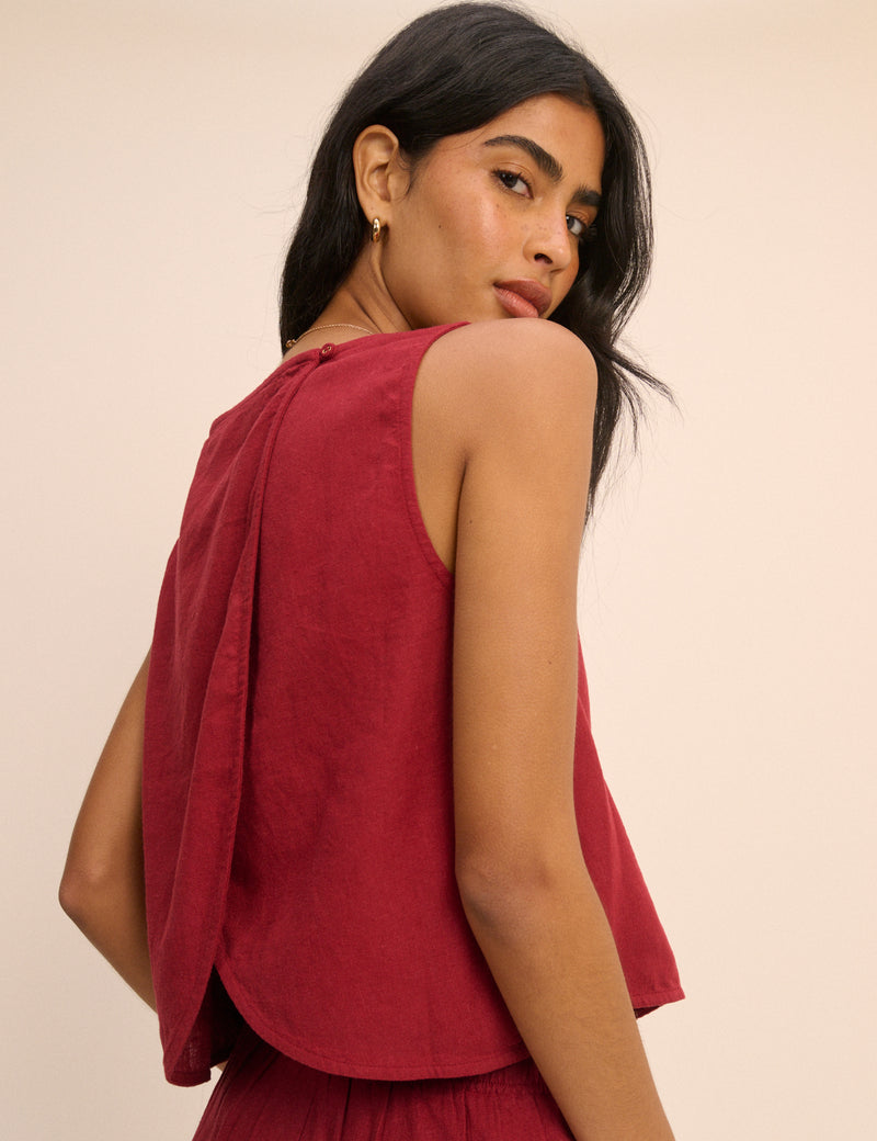 Red Linen-Blend Wrap Detail Tank Top