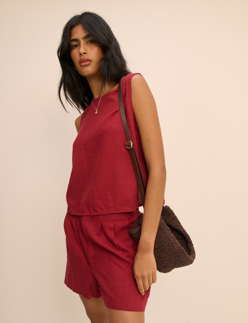 Red Linen-Blend Wrap Detail Tank Top