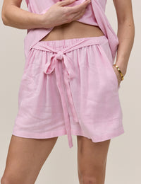 Light Pink Linen-Blend Tie Detail Pull On Shorts