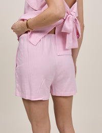 Light Pink Linen-Blend Tie Detail Pull On Shorts