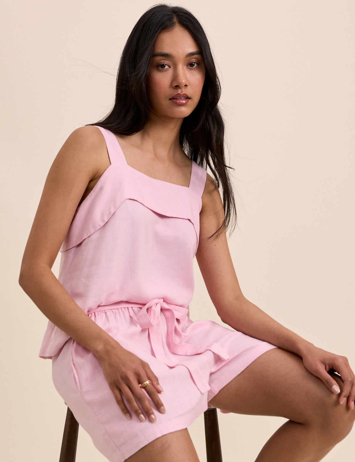 Light Pink Linen-Blend Tie Detail Pull On Shorts