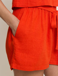 Orange Linen-Blend Tie Detail Pull On Shorts