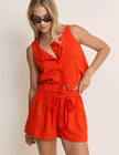 Orange Linen-Blend Tie Detail Pull On Shorts