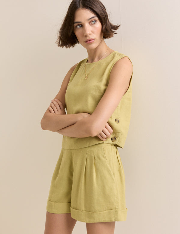 Green Linen-Blend Torrent Turn Up Shorts