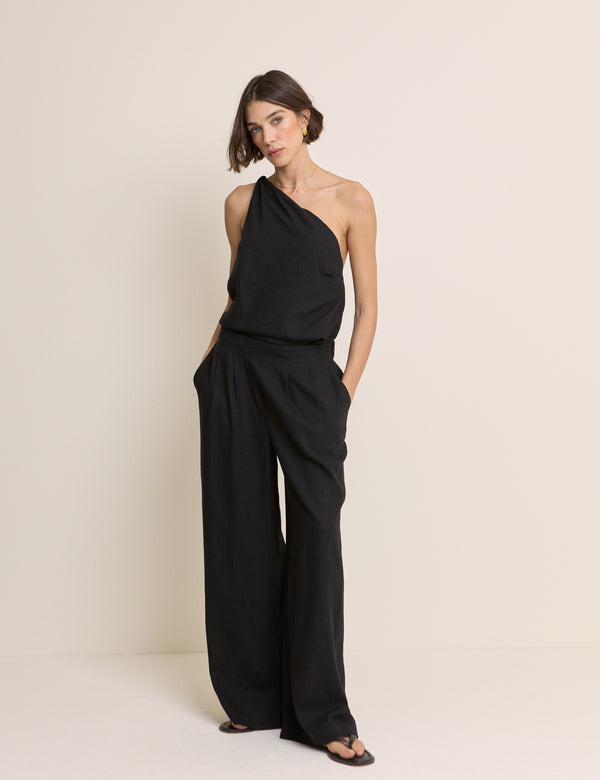 Black Linen-Blend Wide Leg Trousers