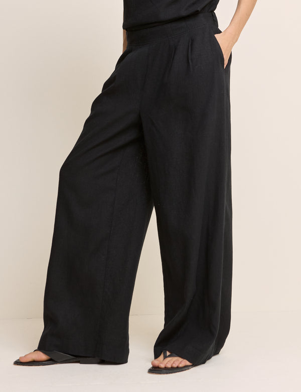 Black Linen-Blend Wide Leg Trousers