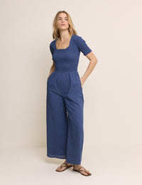 Petite Blue Shirred Wide Leg Zita Jumpsuit