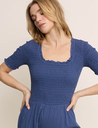 Petite Blue Shirred Wide Leg Zita Jumpsuit