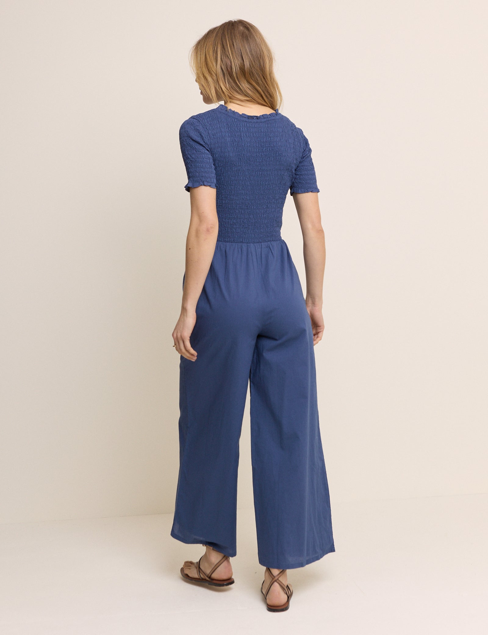 Petite Blue Shirred Wide Leg Zita Jumpsuit