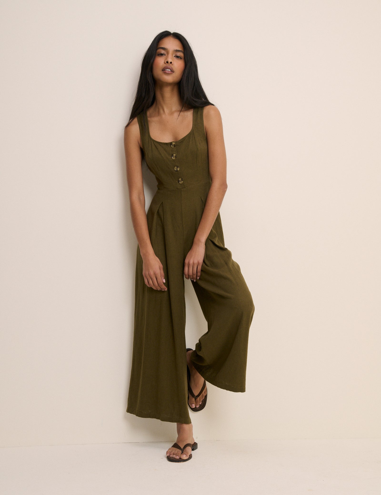 Petite Khaki Linen-Blend Cropped Lorey Jumpsuit
