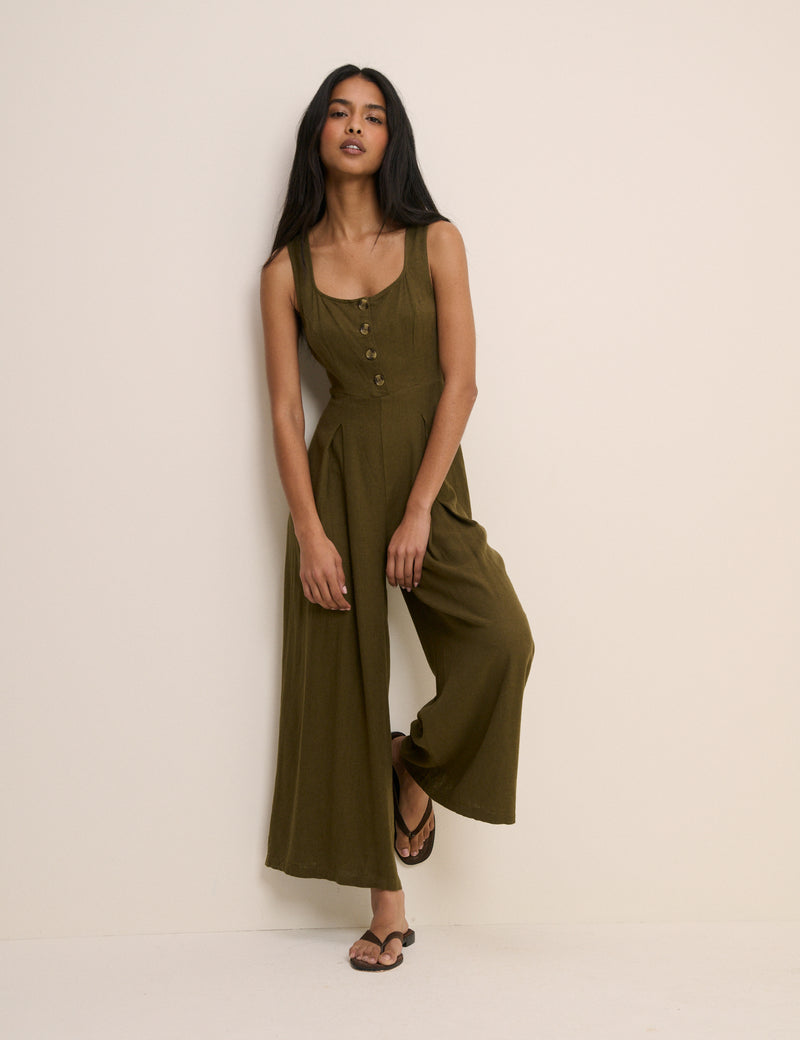 Petite Khaki Linen-Blend Cropped Lorey Jumpsuit