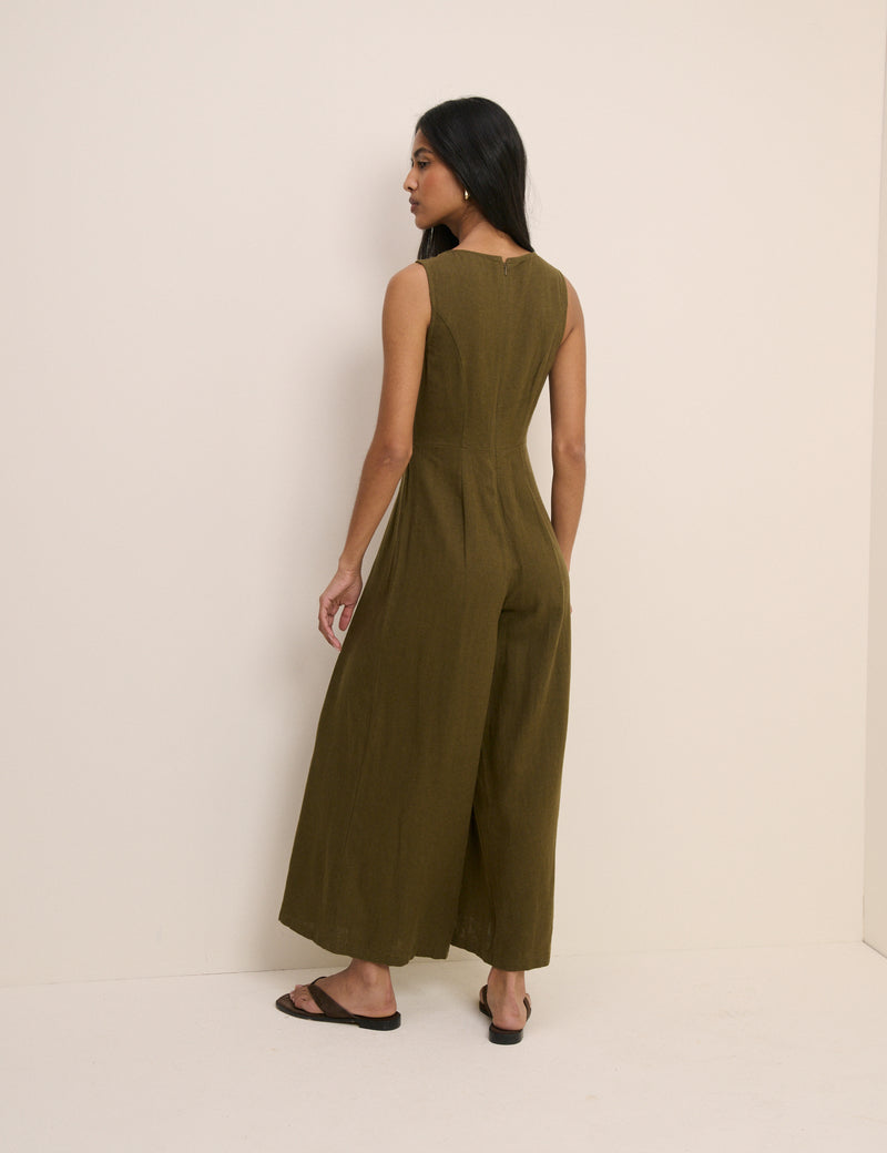 Petite Khaki Linen-Blend Cropped Lorey Jumpsuit