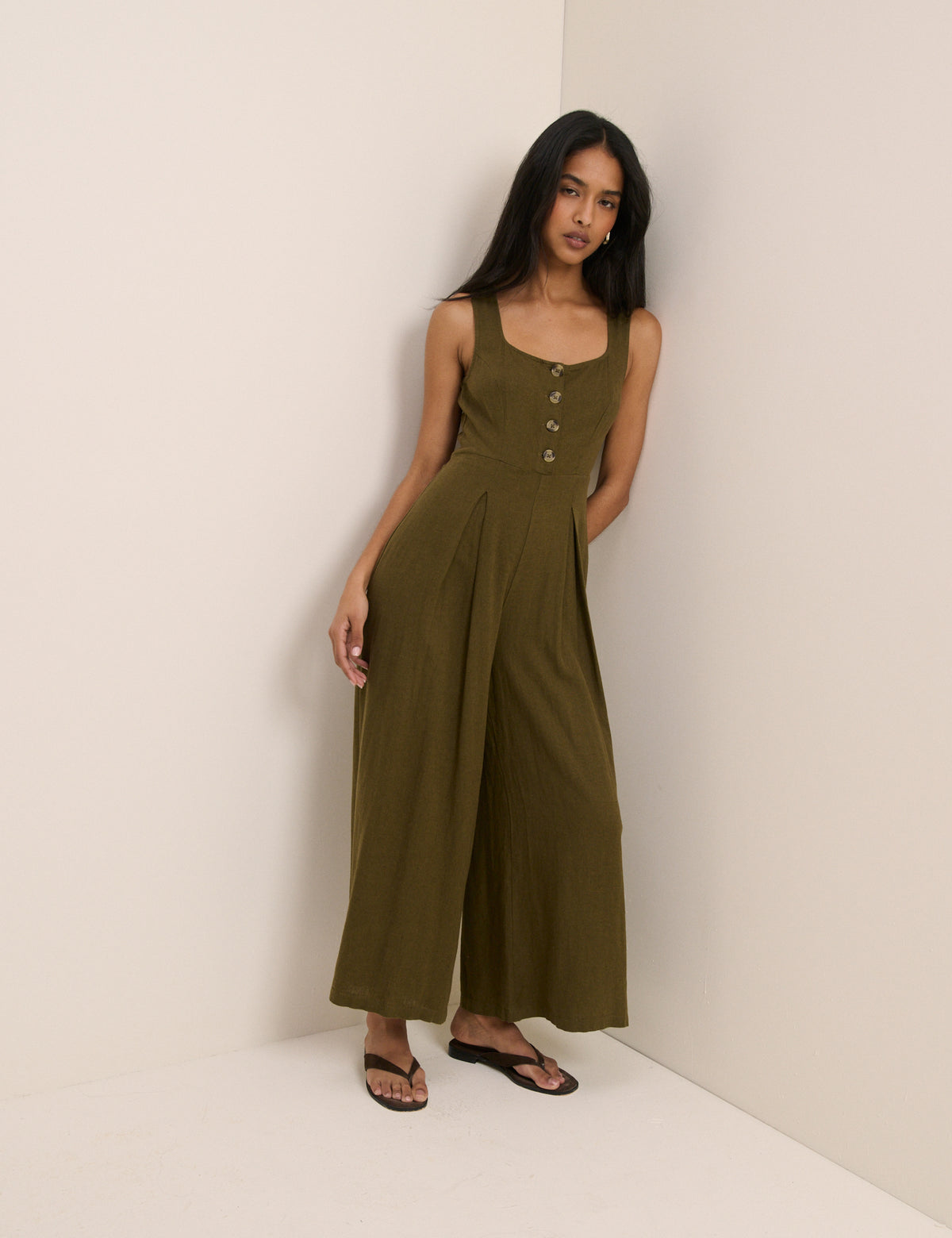 Petite Khaki Linen-Blend Cropped Lorey Jumpsuit