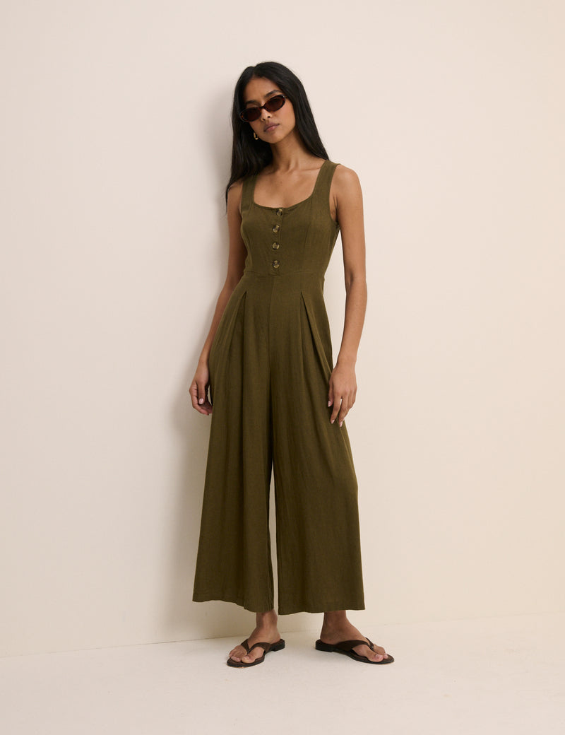 Petite Khaki Linen-Blend Cropped Lorey Jumpsuit