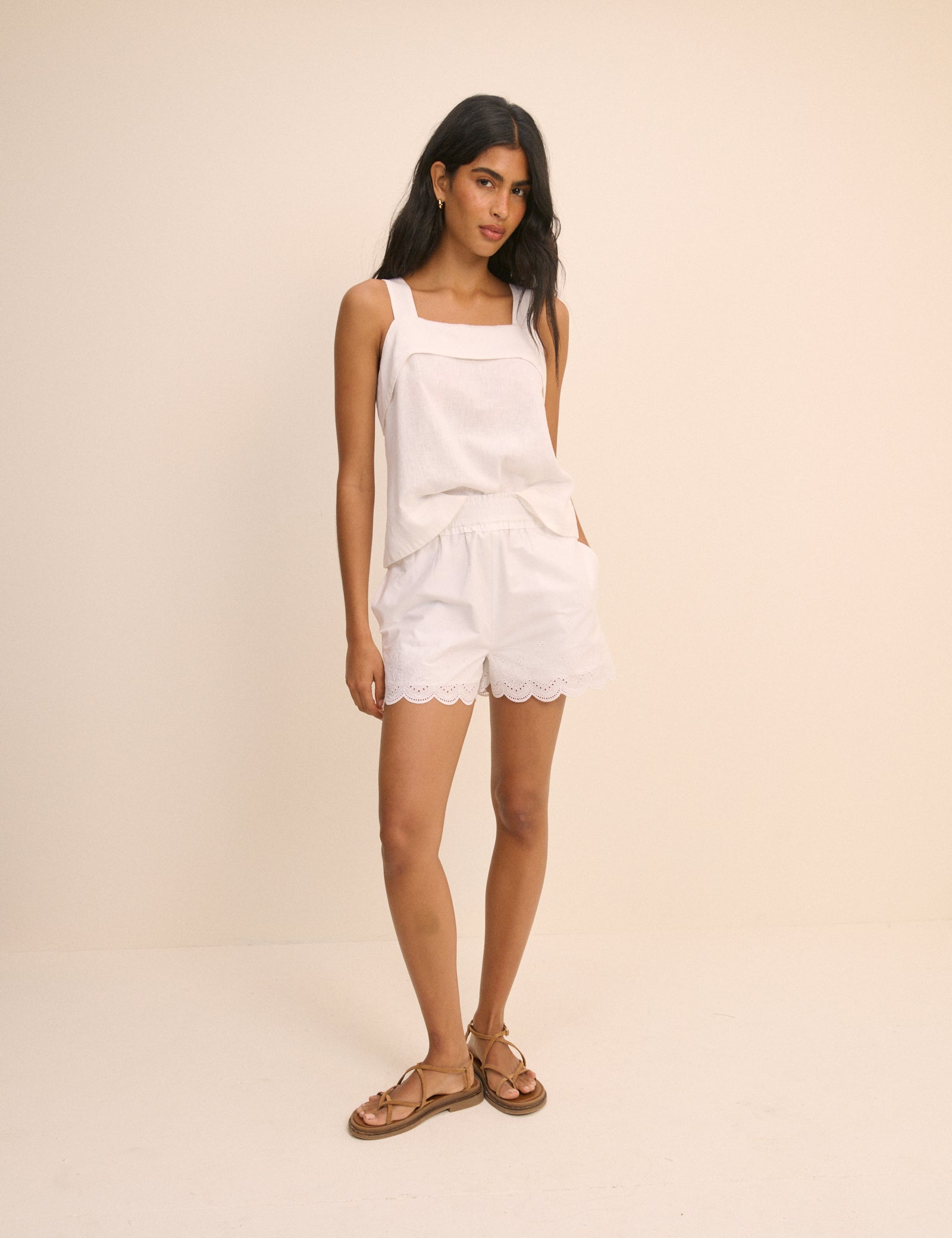 White Broderie Scallop Mid Waist Shorts