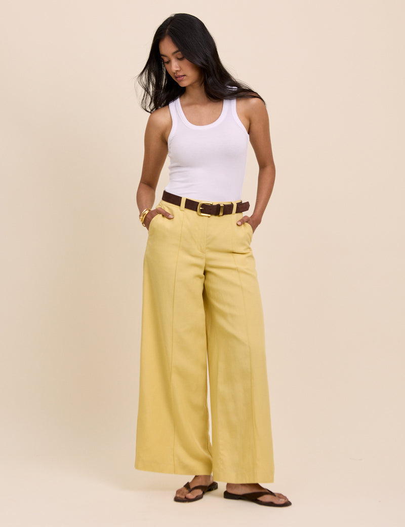 Yellow Linen-Blend Wide Leg Tailored Trousers