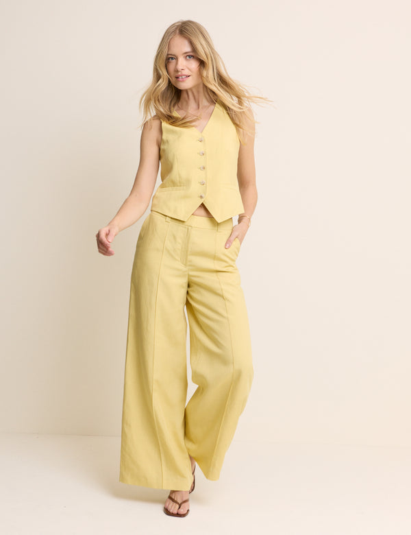 Yellow Linen-Blend Wide Leg Tailored Trousers