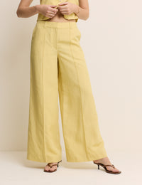 Yellow Linen-Blend Wide Leg Tailored Trousers