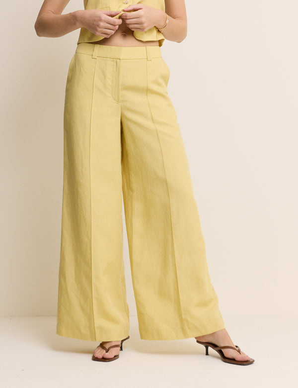 Yellow Linen-Blend Wide Leg Tailored Trousers