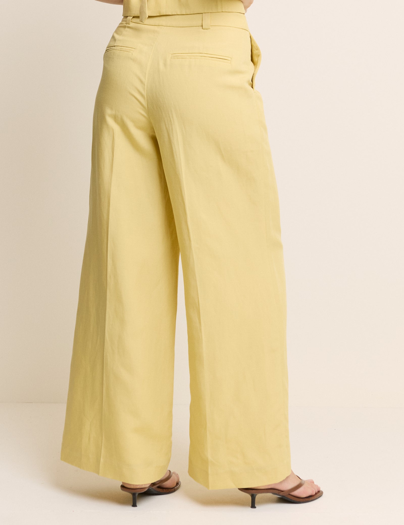 Yellow Linen-Blend Wide Leg Tailored Trousers