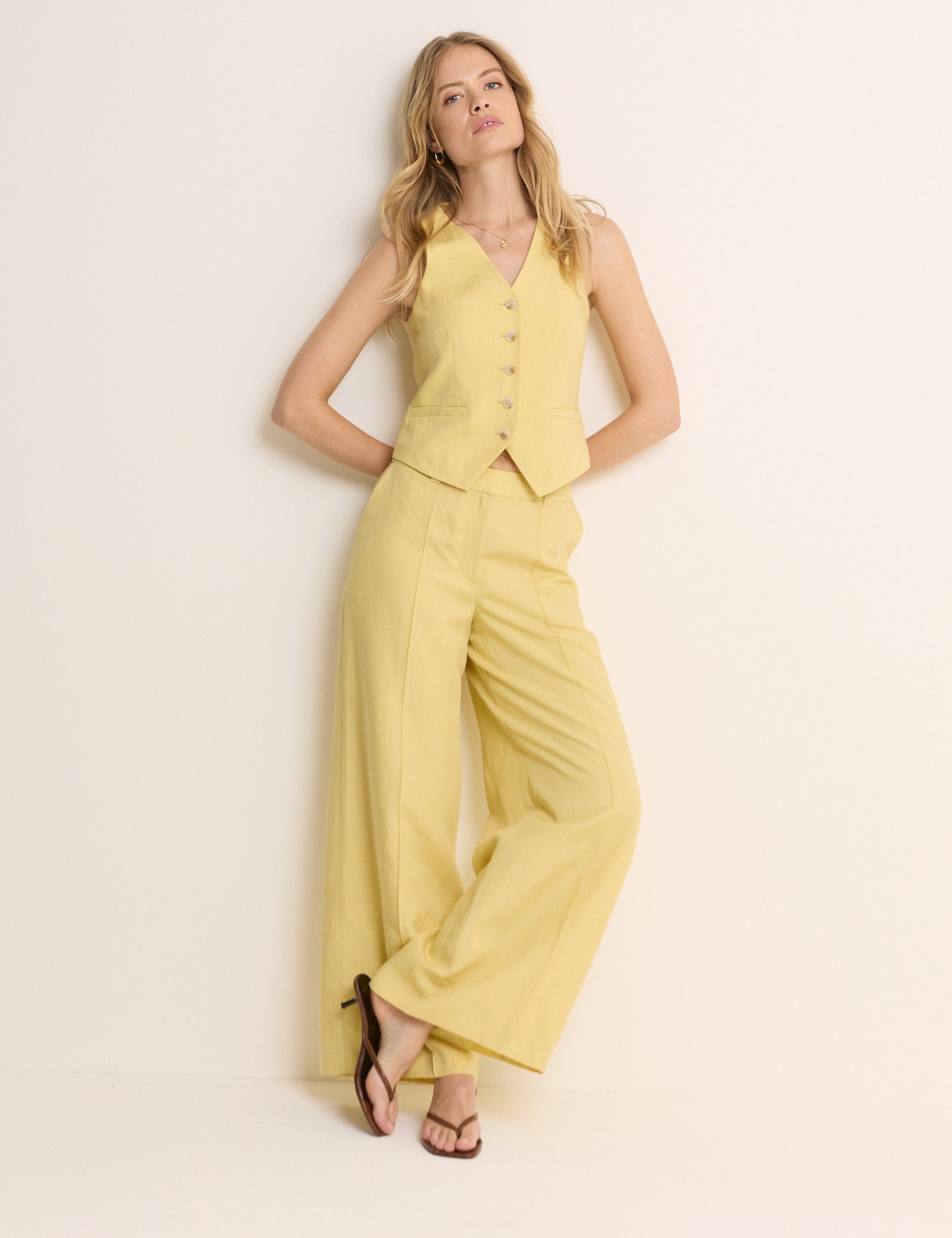 Yellow Linen-Blend Wide Leg Tailored Trousers