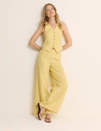 Yellow Linen-Blend Wide Leg Tailored Trousers