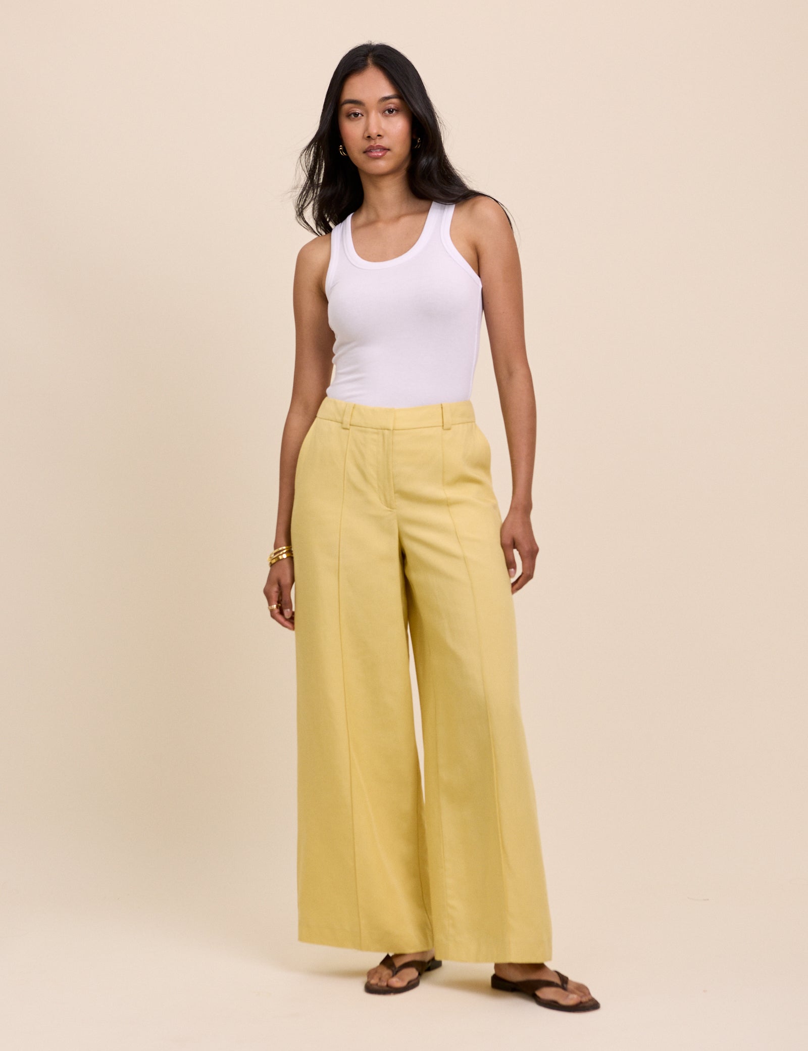 Yellow Linen-Blend Wide Leg Tailored Trousers