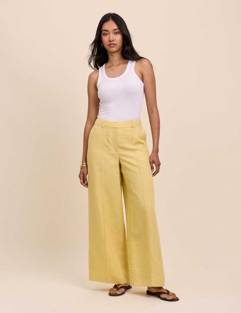 Yellow Linen-Blend Wide Leg Tailored Trousers