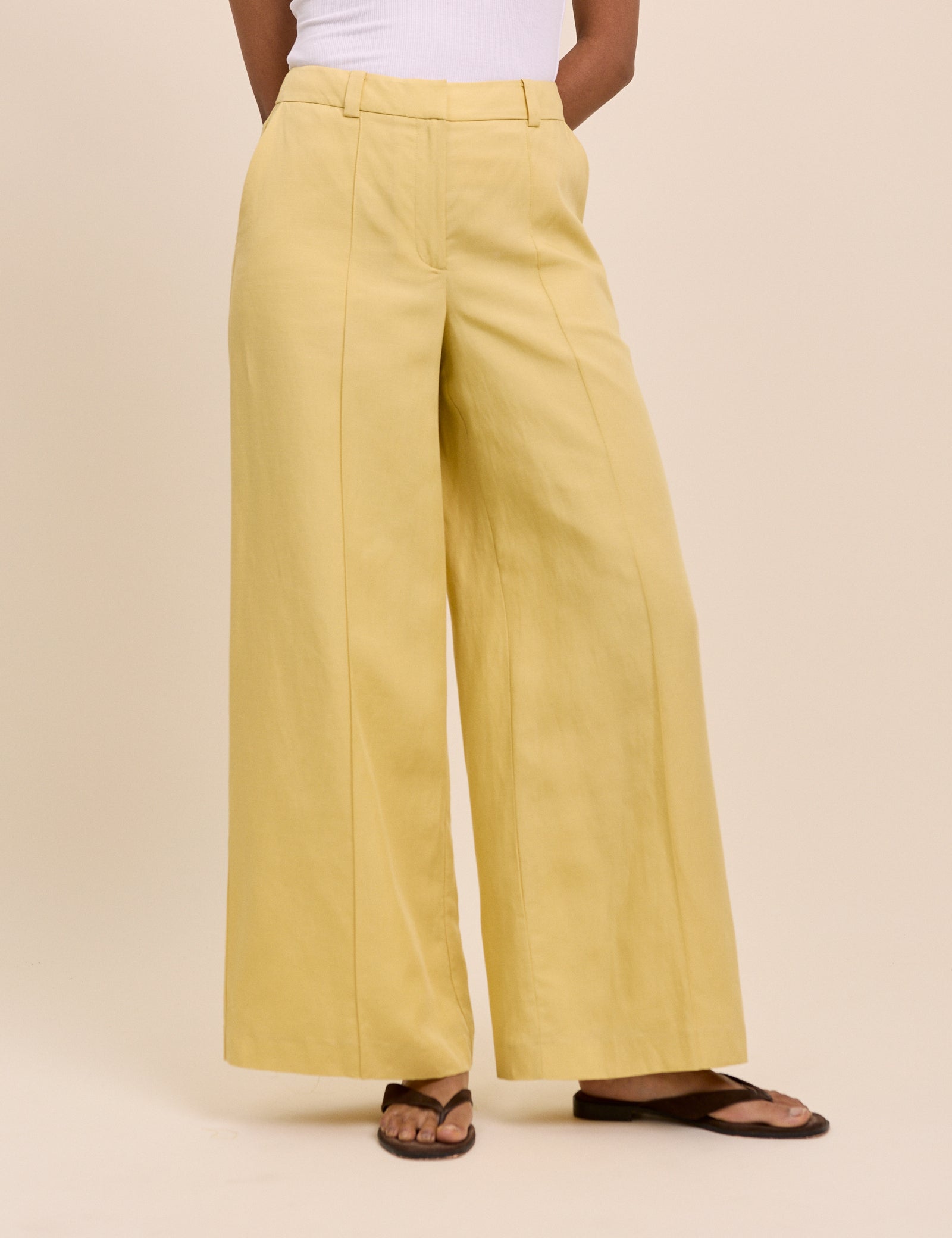 Yellow Linen-Blend Wide Leg Tailored Trousers