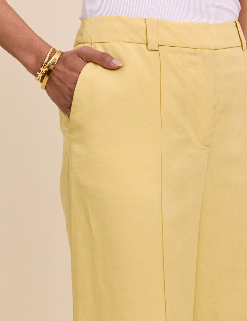 Yellow Linen-Blend Wide Leg Tailored Trousers